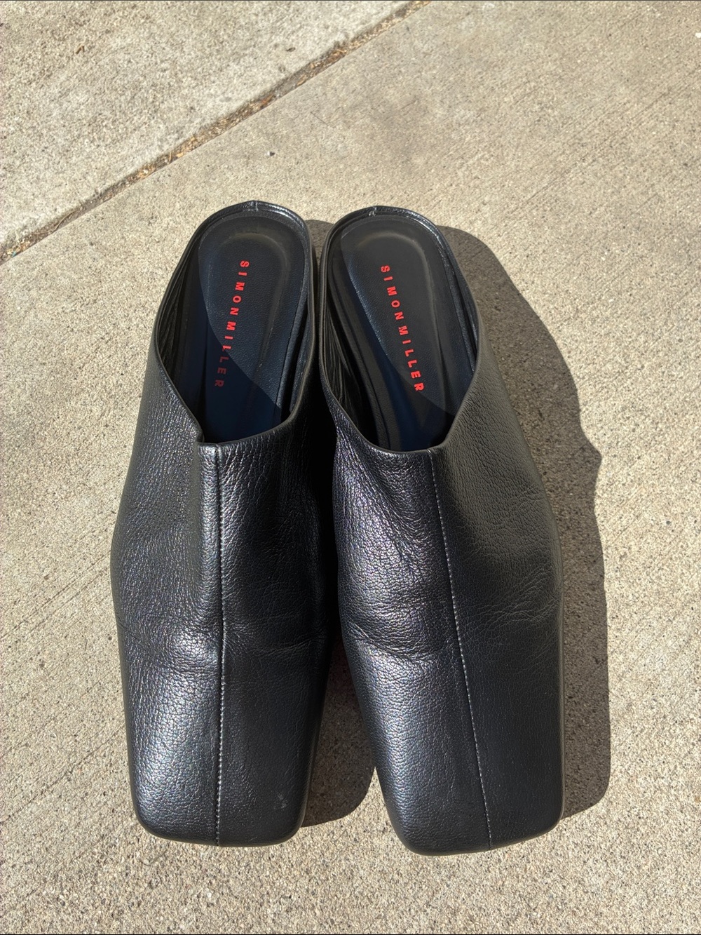 Simon Miller Black Leather Square-Toe Slip-On Mules